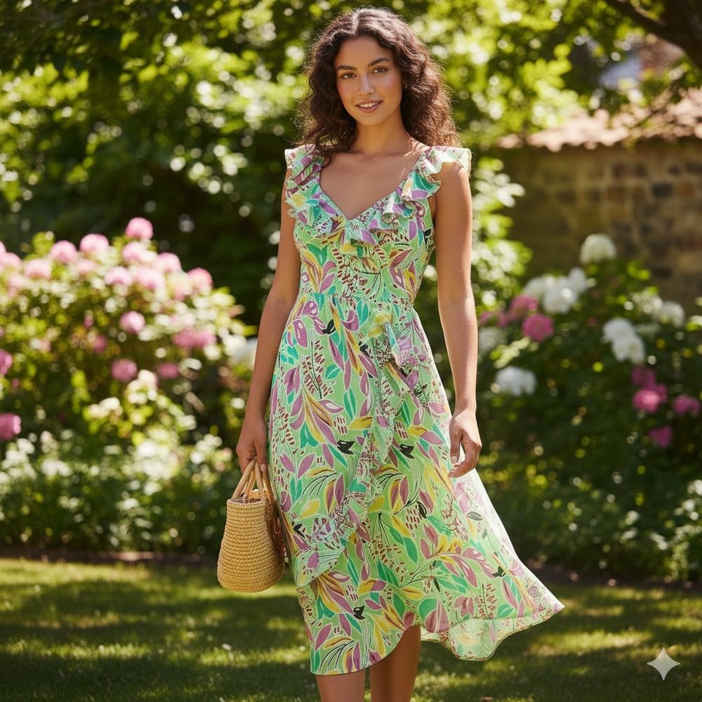 Vintage BCBG MAX AZRIA Green Botanical Tropical Cocktail Dress Y2K Silk Bias 8